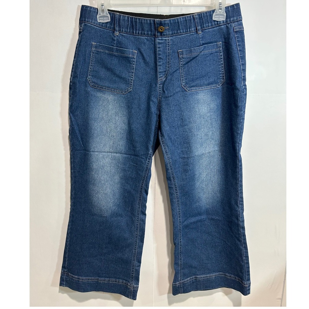 Denim Capris Women XL Blue Cropped Pants Stretch Patch Pockets Elastic Waist